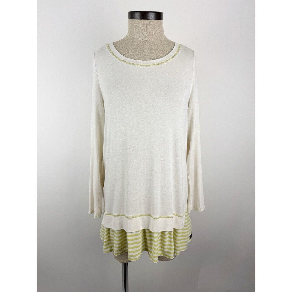 Matilda Jane Cream Roll Tab Sleeves Striped Green Trim Ventriloquist Tunic Top